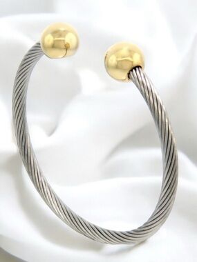 Q-Ray Magnetic Two-Tone Cable Open Bangle Bracelet in Silver and Gold